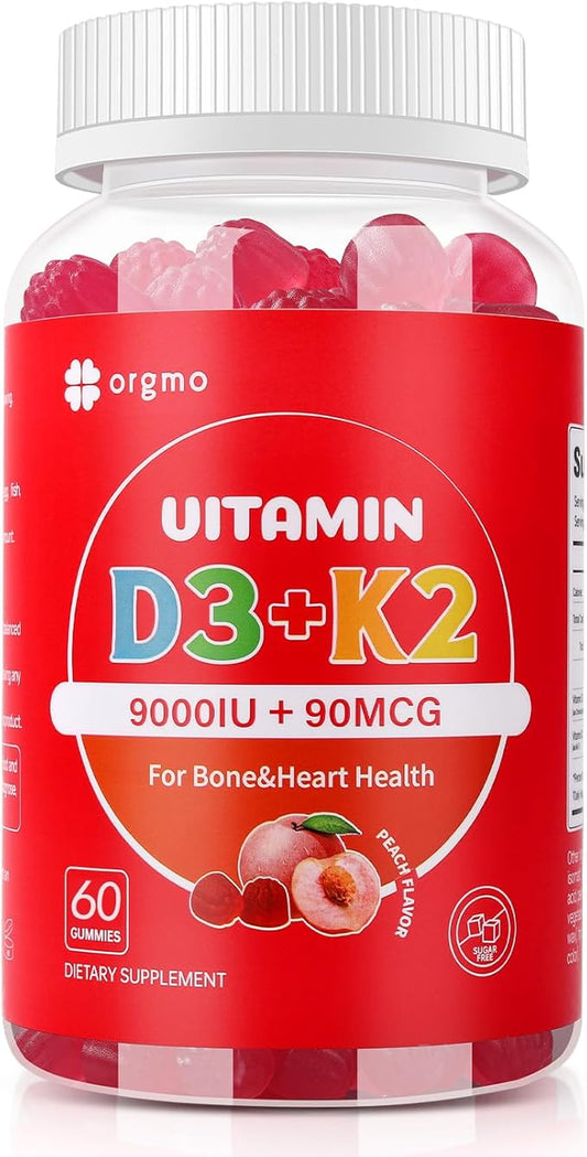 Vitamin D3 K2 Gummies 9000 IU for Adult Women Muscle Teeth Immune Support, Sugar Free D3 and K2 Supplements Gummy 60 Counts, Peach Flavor