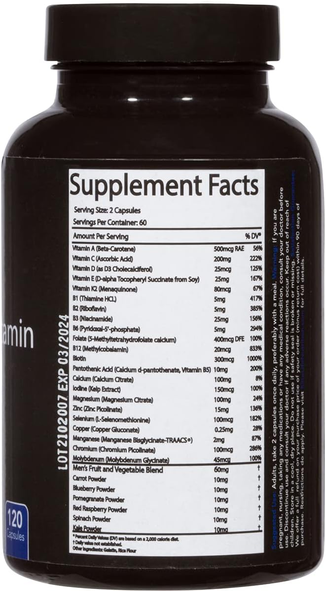 Men's Multi Vitamin - 28 Powerful Nutrients, Vitamins, and Minerals - Best Multivitamin for Men - Supports Optimum Health, Physical Energy, Immune System Function, and Maximum Vitality - 120 Capsules