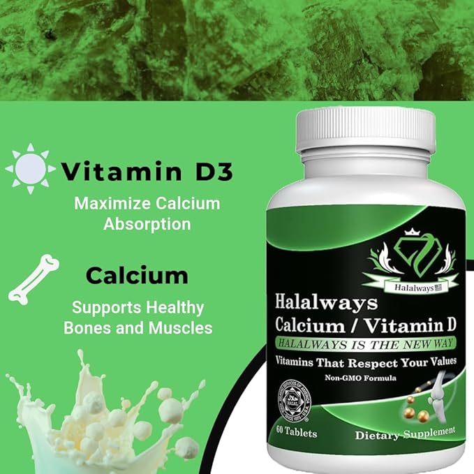 Halalways Calcium/Vitamin D Certified Halal Supplement Bone Health Support, with Calcium & Vitamin D, Dietary Supplement, Vitamin Supplements, for Men & Women, (650mg Calcium, Vitamin D 10mcg)