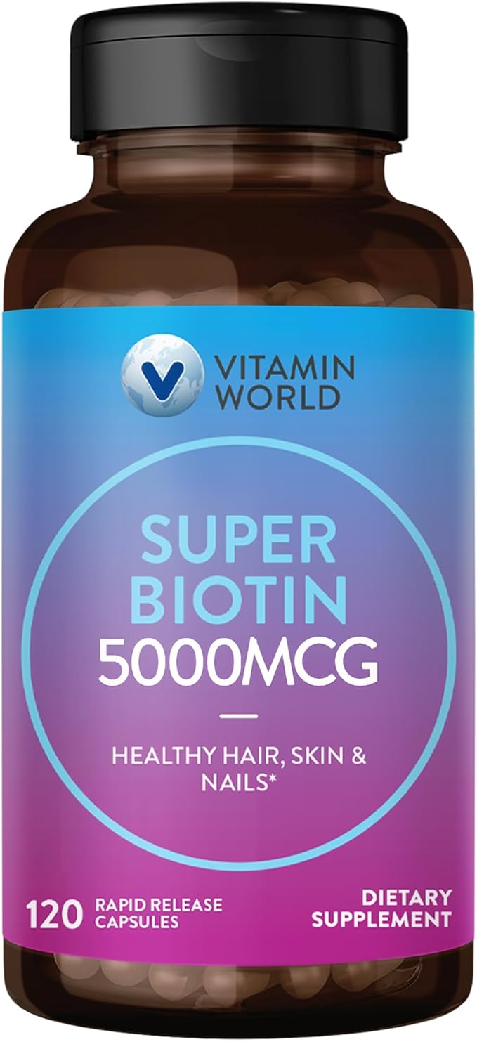 Vitamin World Super Biotin 5000 mcg. 120 Capsules, B Vitamin, Hair, Skin and Nails, Rapid-Release, Gluten Free