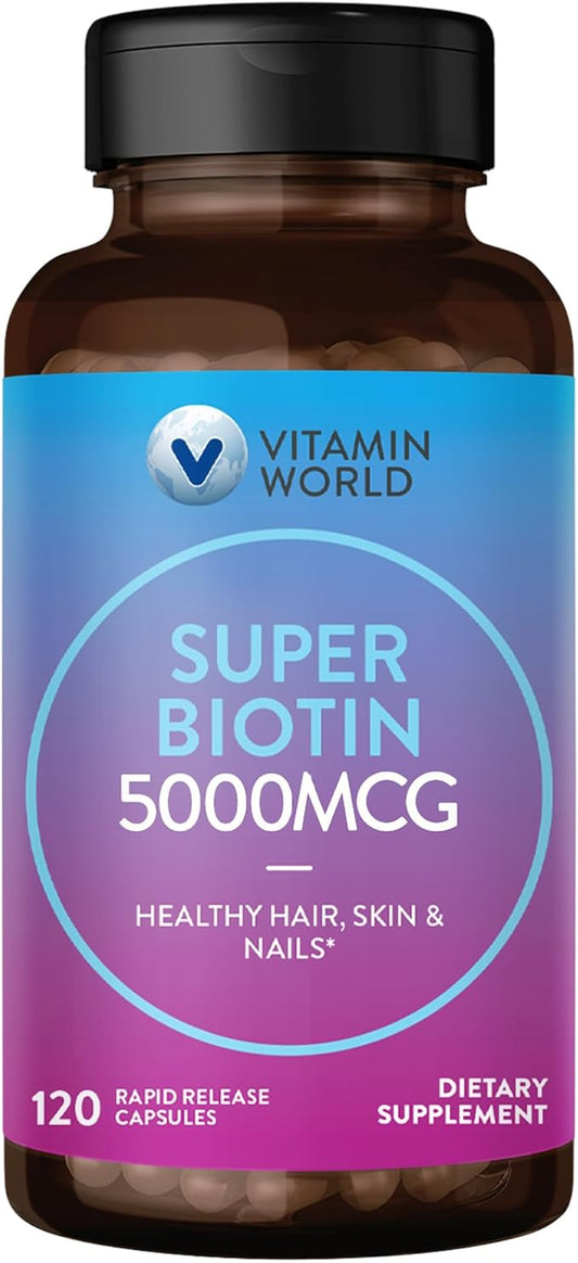 Vitamin World Super Biotin 5000 mcg. 120 Capsules, B Vitamin, Hair, Skin and Nails, Rapid-Release, Gluten Free