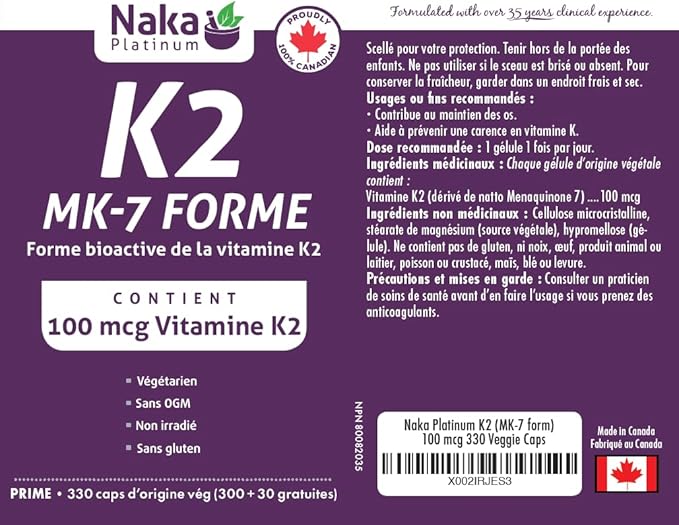 Platinum K2 (MK-7 Form) 100 mcg Super Bonus Size 330 Veggie Caps (300+30) Bioactive Form of Vitamin K2