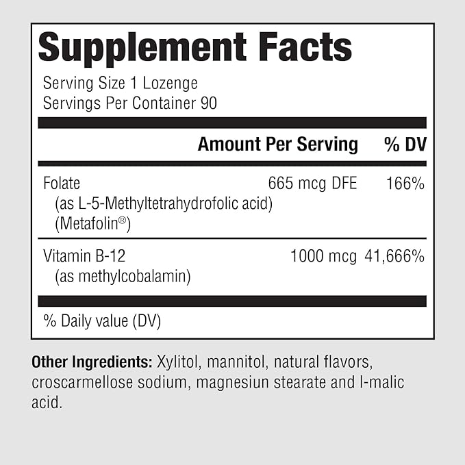 PureFormulas Methyl B12 + Folate Supplement, 1,000 mcg of Methylated B12 Supplement, 665 mcg of Folate, Cherry Vanilla Flavor, Methylated Vitamin B 12 - Non-GMO, 90 Lozenges
