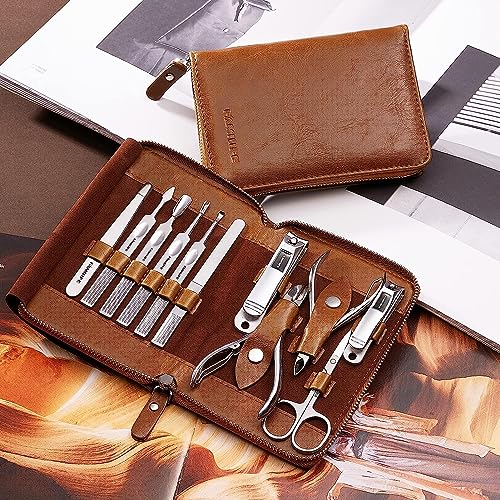 FAMILIFE Manicure Set, Professional Manicure Kit Nail Clippers Set 11 in 1 Stainless Steel Pedicure Tools Nail Kit Men Grooming Tool with Portable Brown Leather Travel Case Luxury Gifts for Him
