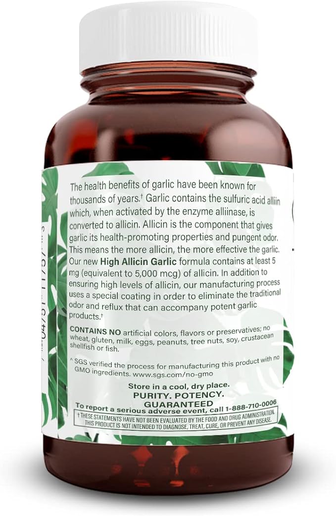 Natural Nutra High Allicin Garlic Supplement, Supports Immune System, Improve Heart Health, Improve Enzymes Health, Better Digestion, Fights Cold and Flu, Vanilla Coating, 500mg, 60 Vegan Tablets