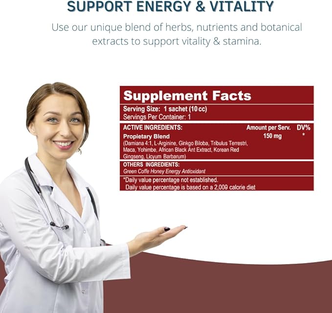 Zelux Supplement Box 8 Sachets - Booster for Vitality & Performance - Natural Stamina - Energy Support - Natural Ingredients Damiana, Tribulus Terrestri, Ginkgo Biloba, Maca, Korean Red Gingseng