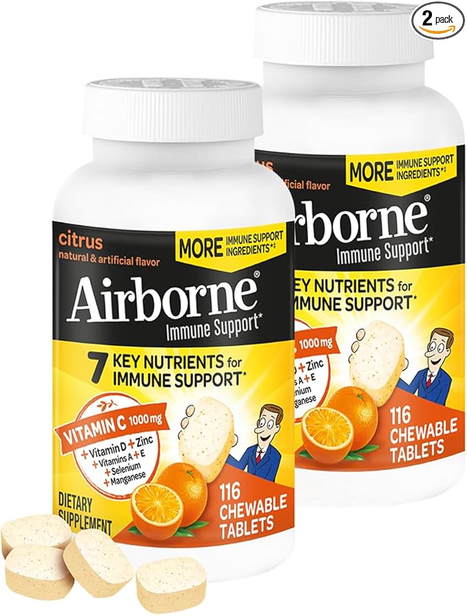 Airborne 1000mg Vitamin C + Zinc Immune Support Supplement Chewable Tablets, Citrus Flavor with Powerful Antioxidants Vitamins A C & E, 116 Chewable Tablets (2 Pack)