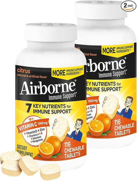 Airborne 1000mg Vitamin C + Zinc Immune Support Supplement Chewable Tablets, Citrus Flavor with Powerful Antioxidants Vitamins A C & E, 116 Chewable Tablets (2 Pack)