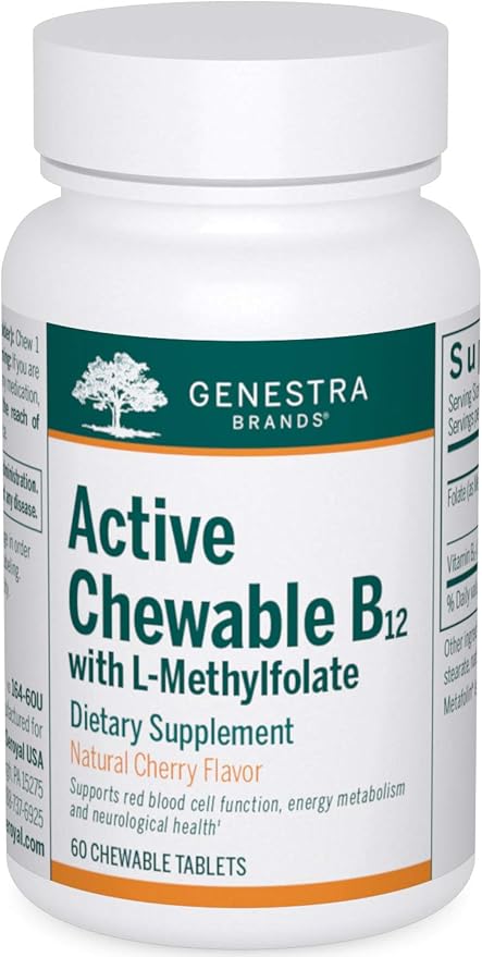 Genestra Brands Active Chewable B12 with L-Methylfolate | Chewable Vitamin B12 and Folate Supplement | 60 Chewable Tablets | Natural Cherry Flavor