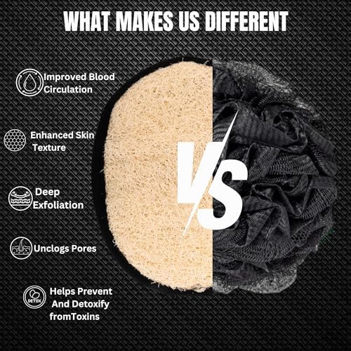 Rugged Natural Shower Loofah for Men - Tough Eco-Friendly Exfoliating Body Scrubbers, Durable & Gentle Terry Towel Cloth pad for Manly Skin Care - Lufas, Luffa, Loufas Sponges