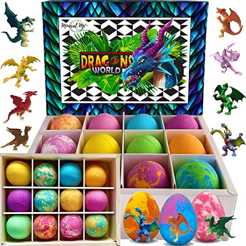 Bath Bombs for Kids with Surprise Inside - 12 Organic Bubble Bath Fizzies with Dragon Egg Toys. Gentle & Kids Friendly w/Rich Bubbles & Rainbow Colors, Birthday Gifts for Boys, Girls