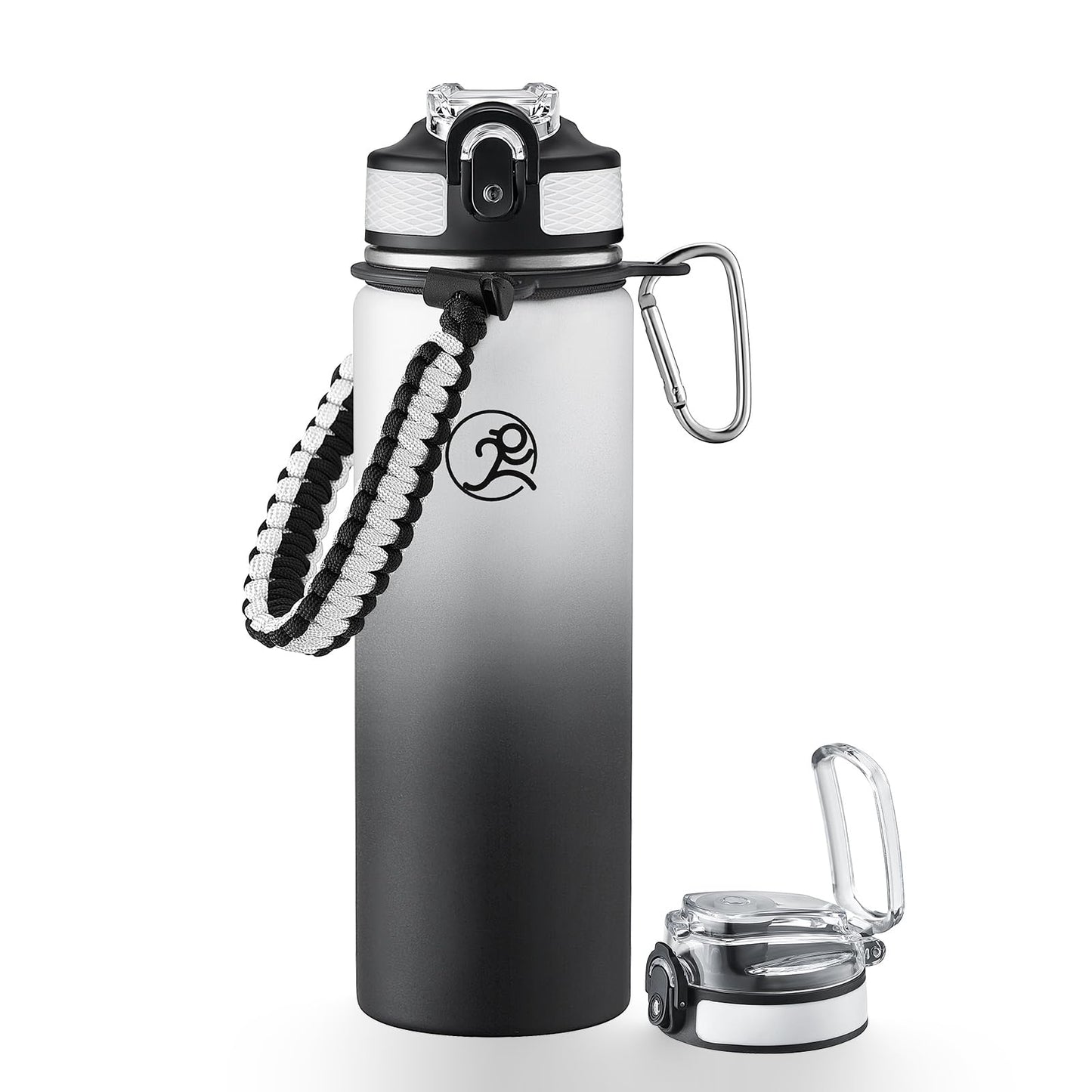 GOSWAG Insulated Sports Water Bottle, 24oz 2 Lids(with Straw/No Straw), Stainless Steel Water Bottles with Paracord Handle, Insulated Thermos with Double-Wall Vacuum Insulation