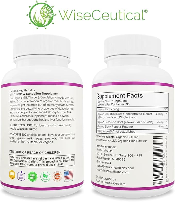Max Absorption USDA Organic Milk Thistle Potent 5:1 Concentrated Extract (2000mg Strength) & Organic Dandelion Root | Silymarin Antioxidant Flavonoid | Liver Support Supplement (60 Count (Pack of 3))
