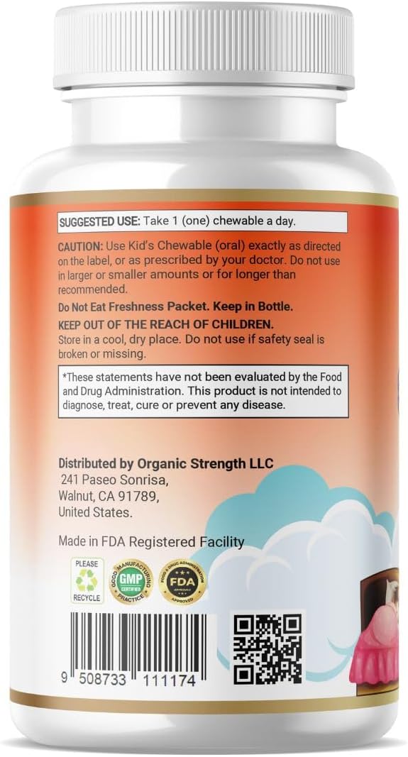 Kids Bed Time 1 Chewable Tablet A Day Halal Vitamins Orange Flavor for Age 4-12, 60 Servings