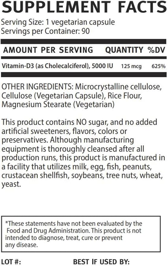 Vitamin D3 5000 IU - 3 Month Supply for Healthy Muscle and Joint Function, Non-GMO, Gluten Free, Vegan Vitamin D Capsules for Healthy Aging, 90 Count