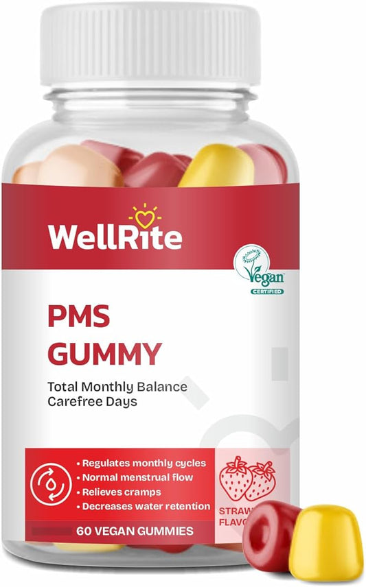 PMS Gummy Vitamins That Provides Total Monthly Balance & Carefree Days, 60 Count, Strawberry Flavored, Vegan, Gelatin Free, Gluten Free, Nut Free, Relieves Cramps, Normal Menstrual Flow