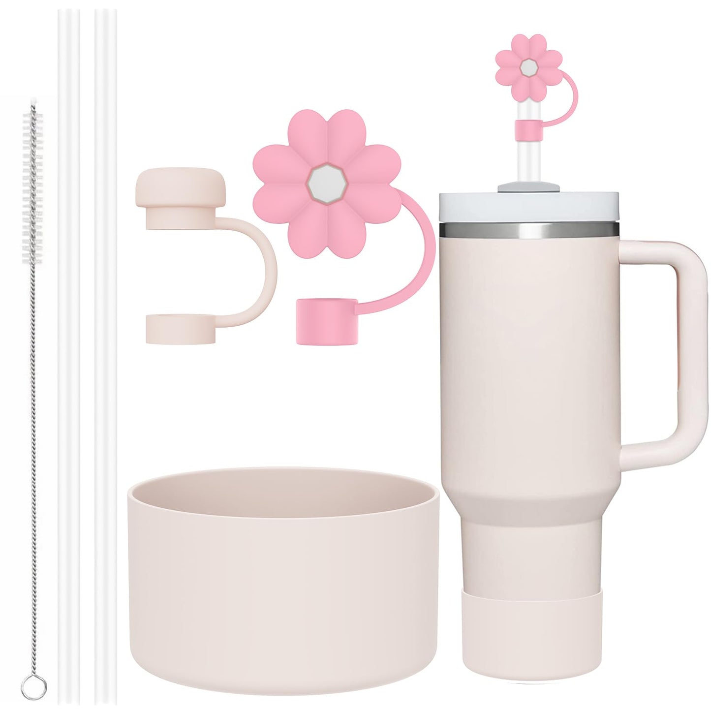 6 Pcs Accessories for Stanley Cup 20-40oz,2 Straw Covers,2 Replacement Straws,1 Straw Brush,1 Boot Included, SIlicone Straw Cover Caps Topper (Pink)