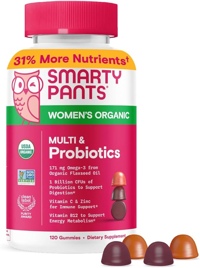 SmartyPants Organic Women's Multivitamin Gummies: Biotin, Probiotics, Methylfolate, Omega 3 (ALA), Vitamin D3, C, Vitamin B12, B6, A, K & Zinc, Inositol, Gluten Free, 120 Count (30 Day Supply)