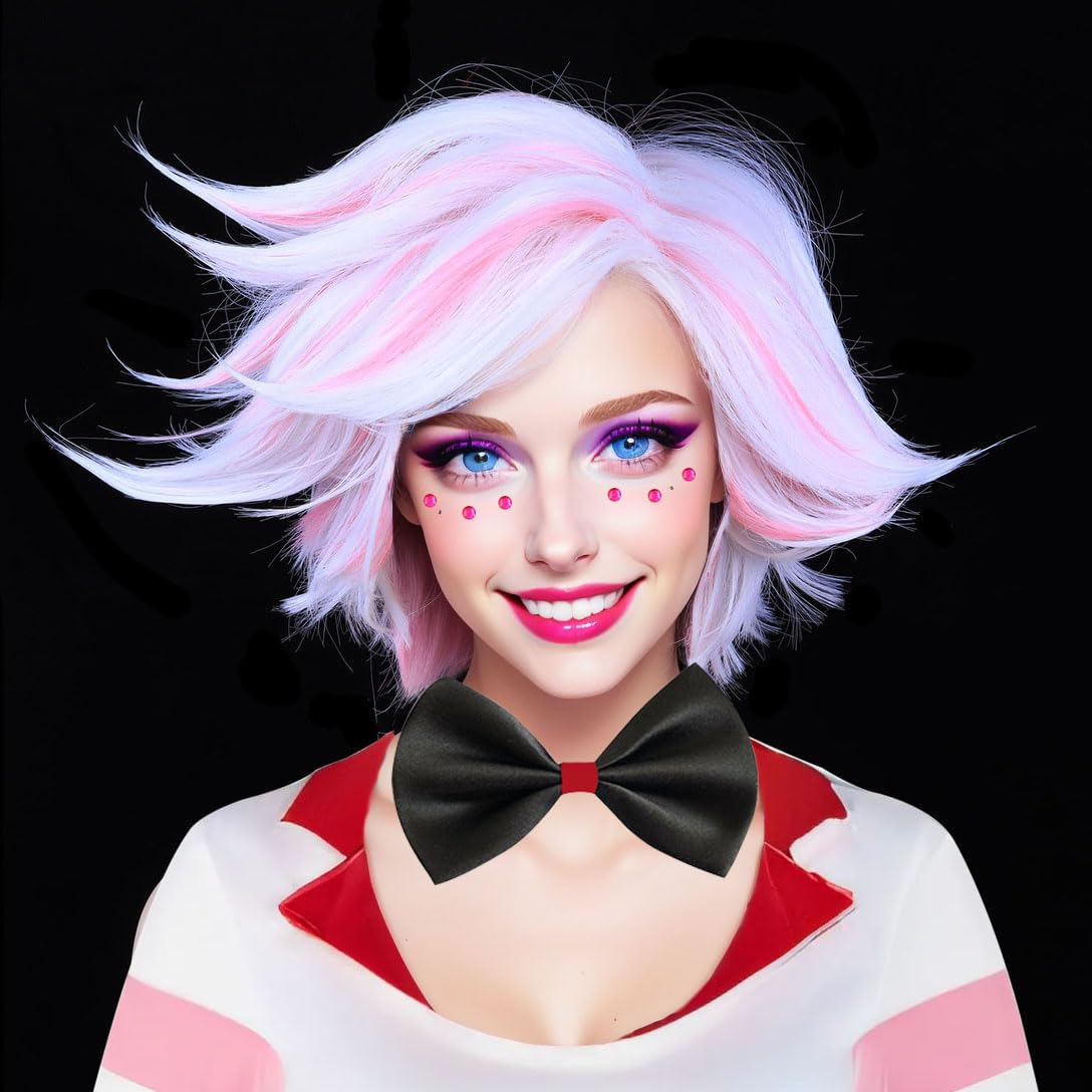 FantaLook Short White and Pink Cosplay Wig for Women Halloween Costume