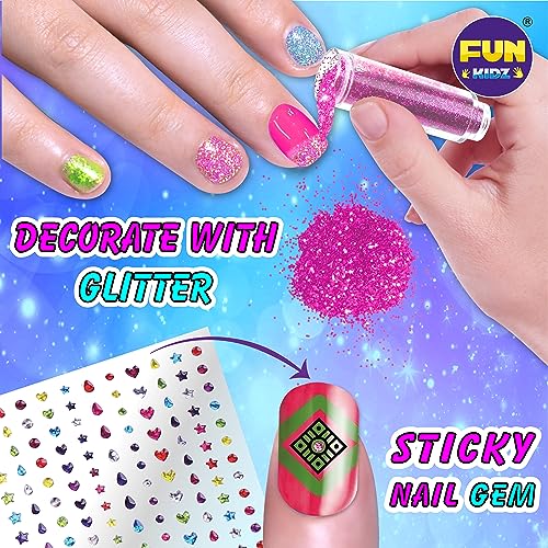 Craft Nail Pens Kit for Kids Ages 7-12, FunKidz Nail Set with Nail Polish Glitter Sticker Temporary Makeup Nails Kit for Girl Teens Party Activities Gifts