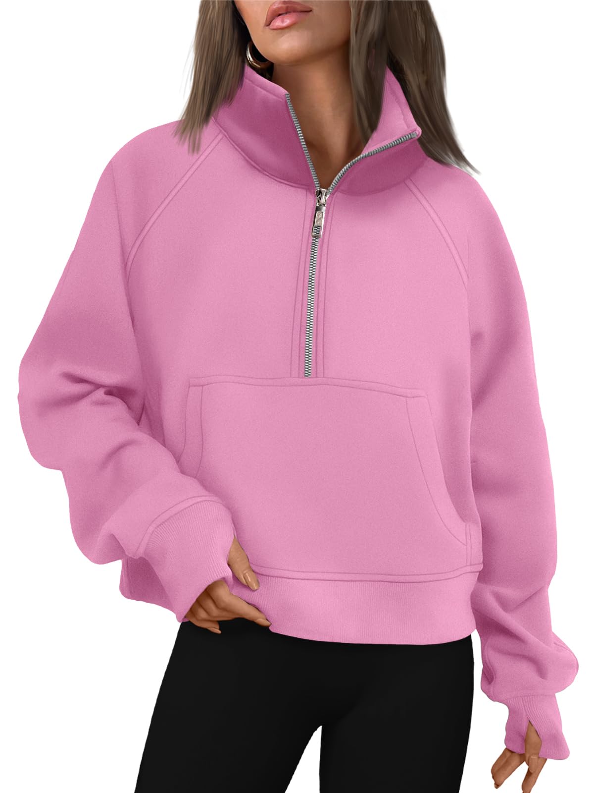 AUTOMET Womens Sweatshirts Long Sleeve Tops Hoodies Shirts Half Zip Pullover Cropped Oversized 2024 Fall Fashion Outfits Sweaters Pink