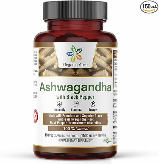 Ashwagandha with Pepper Capsules 1500mg -150 Veg Capsules. Non GMO - Gluten Free.