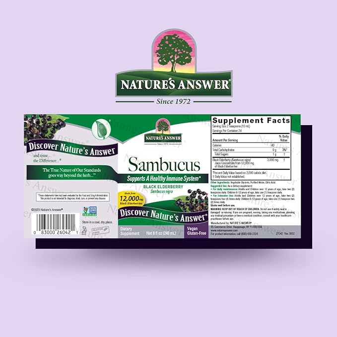 Nature's Answer Alcohol-Free Sambucus Dietary Supplement 8oz Liquid | Immune Support | Antioxidant Boost | Gluten-Free, Vegan, Non-GMO | Single Count