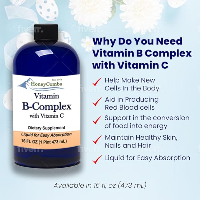HoneyCombs Vitamin B Complex Drops – Liquid Supplement with Vitamin B1, B2, B3, B5, B6, B7, B9, B12 & Vitamin C – Super B Complex Vitamins – Alcohol-Free Liquid Vitamin Supplement, 16 Fl Oz.