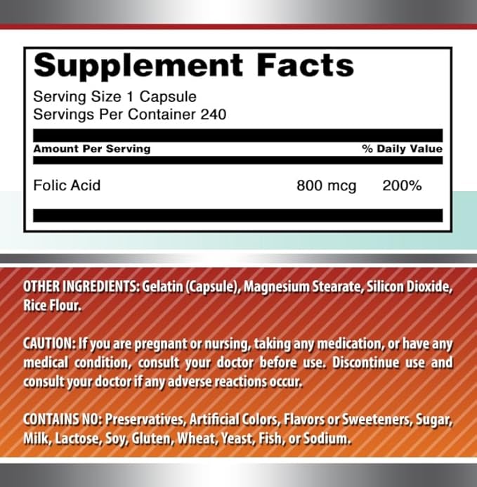 Amazing Formulas Folic Acid Supplement (Vitamin B9) | 800 Mcg | 240 Capsules | Non-GMO | Gluten-Free | Made in USA