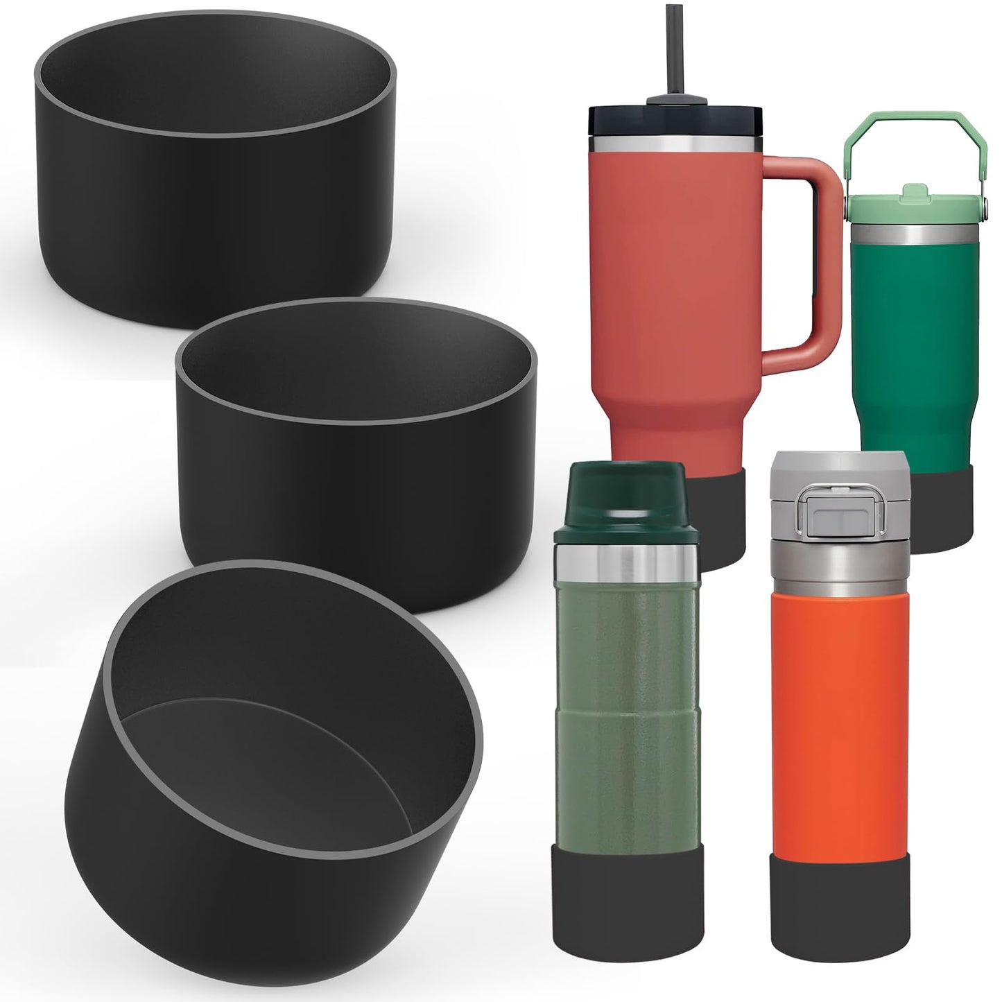 AIERSA 3Pcs Silicone Boot Sleeve for Stanley Quencher 40 oz 30 oz Tumbler with Handle & for IceFlow 20oz 30oz, Protective Water Bottle Cup Bottom Bumper Cover for Stanley Tumbler Accessories, Black