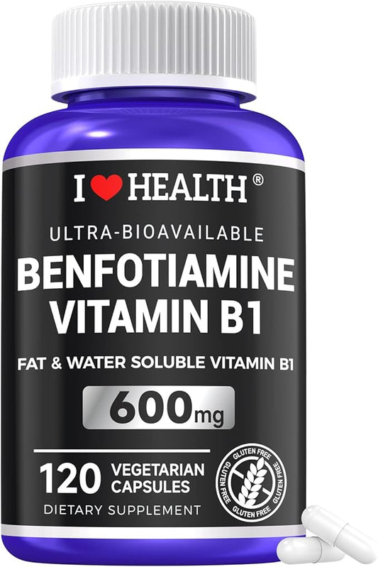 Benfotiamine 600mg Plus 20mg Vitamin B1 | 120 Veggie Capsules | Made in USA | 3rd Party Tested | Fat Soluble Essential Vitamin B1 Thiamine Supplement | Non-GMO | Gluten Free-Vegetarian Friendly
