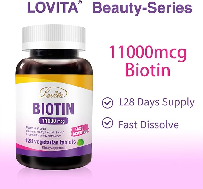 Lovita Maximum Strength 11,000mcg Biotin: Fast-Dissolving, Vegetarian Tablets - Easily Absorbed, Gluten & Dairy-Free, 128 Vegan-Friendly Tablets