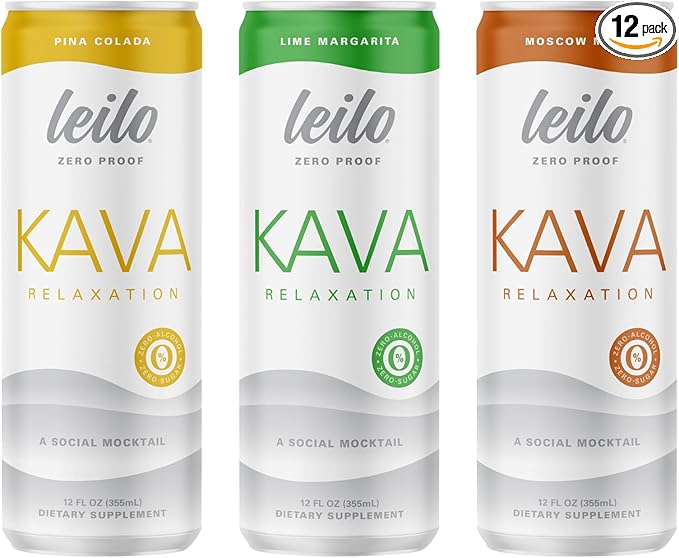 LEILO | Kava Powered Mocktail Drinks | Variety 12-Pack – Sugar-Free & Non-ALC Functional Relaxation Support – Includes 4 of Each: Margarita, Pina Colada, Moscow Mule | 12 fl oz Cans (Pack of 12)