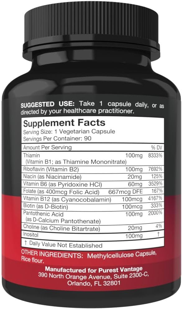 Vitamin B Complex Vitamins B12, B1, B2, B3, B5, B6, B7, B9, Folic Acid - Super B Complex Vitamins for Women, Men, Adults - 90 Vegetarian Capsules