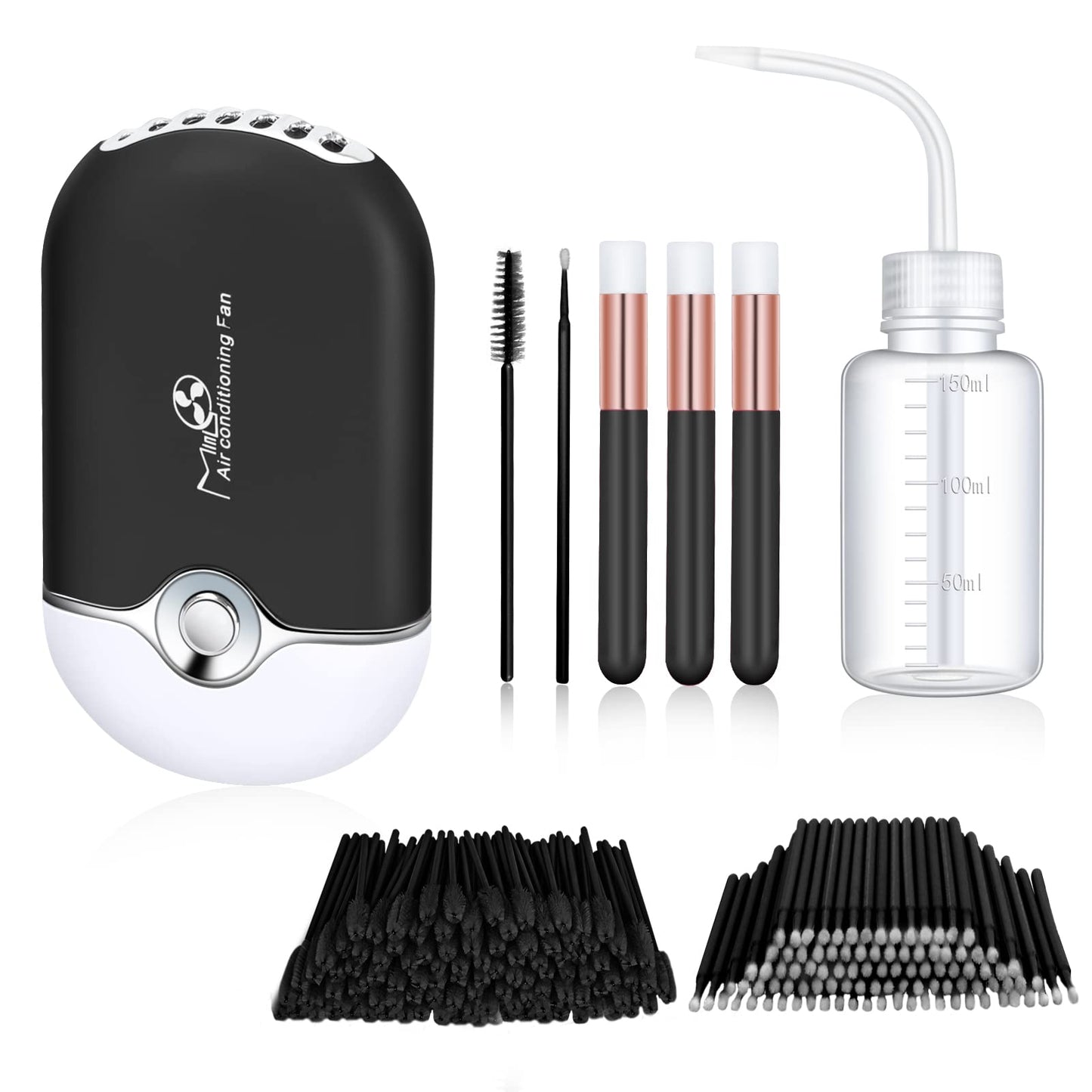 kioooki 105 Pcs Lash Fan Kit, USB Mini Portable Fans Rechargeable Electric Handheld Air Conditioning Lash Shampoo Brushes Nose Blackhead Facial Cleaning Brush Plastic Wash Bottle