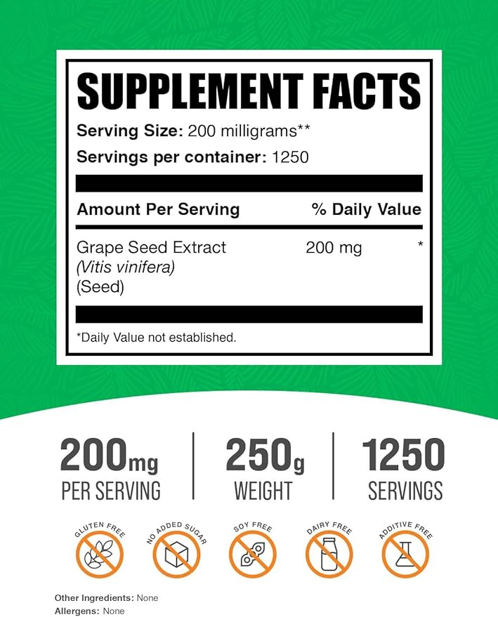 BulkSupplements.com Grape Seed Extract Powder - Grape Seed Extract Supplement, Antioxidant Source - Herbal Supplement, Gluten Free, 200mg per Serving, 250g (8.8 oz) (Pack of 1)