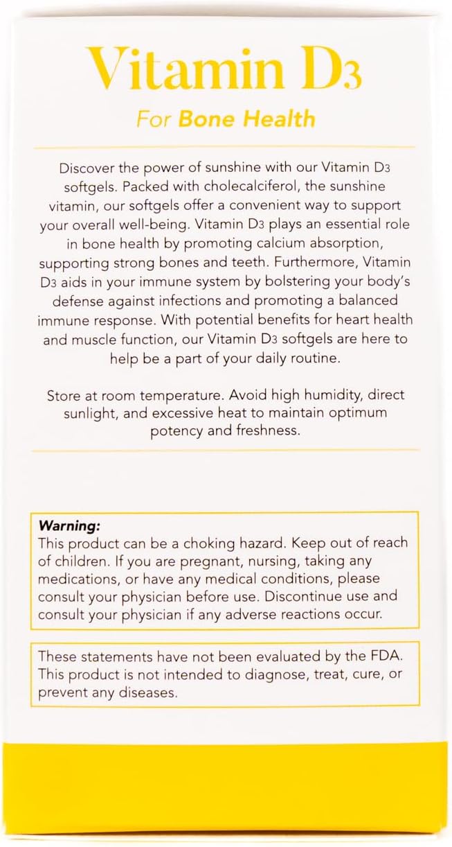 | Vitamin D3 | 50 mcg (2000 IU) Per Softgel | Dietary Supplement for Bone Health | Made in USA | 2 Pack of 60 Count (120 Softgels Total)