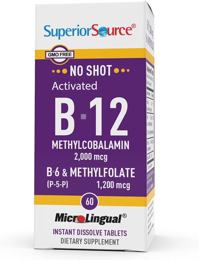 Superior Source No Shot Vitamin B-12 Methylcobalamin 2000 mcg, B-6, & Methylfolate 1200 mcg - Supports Energy, Brain, and Heart Health - Bariatric Friendly - 60 Sublingual Dissolving Tablets