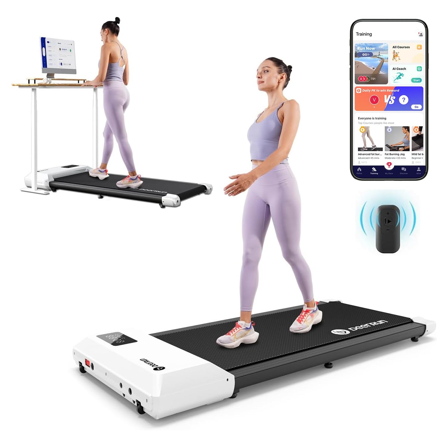 DeerRun Walking Pad 2 in 1 Under Desk Treadmill, 2.5HP Low Noise Walking Pad Running Jogging Machine with Remote Control for Home Office, Lightweight Portable Desk Treadmill Installation Free