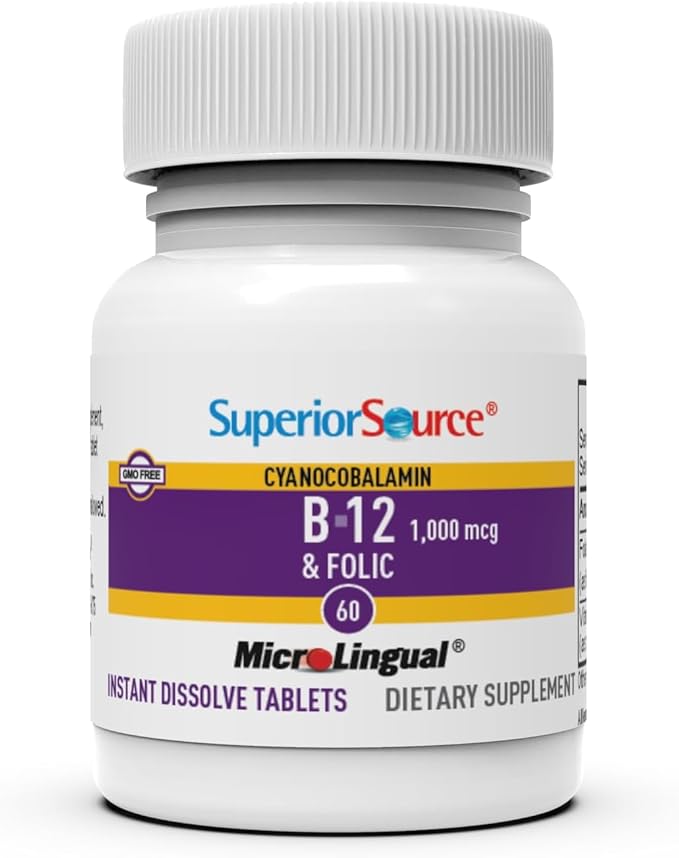 Superior Source No Shot Vitamin B-12 Cyanocobalamin 1000 mcg & Folic Acid 400 mcg - Offers Energy, Heart, Brain, & Stress Support - 60 Sublingual Dissolving Tablets
