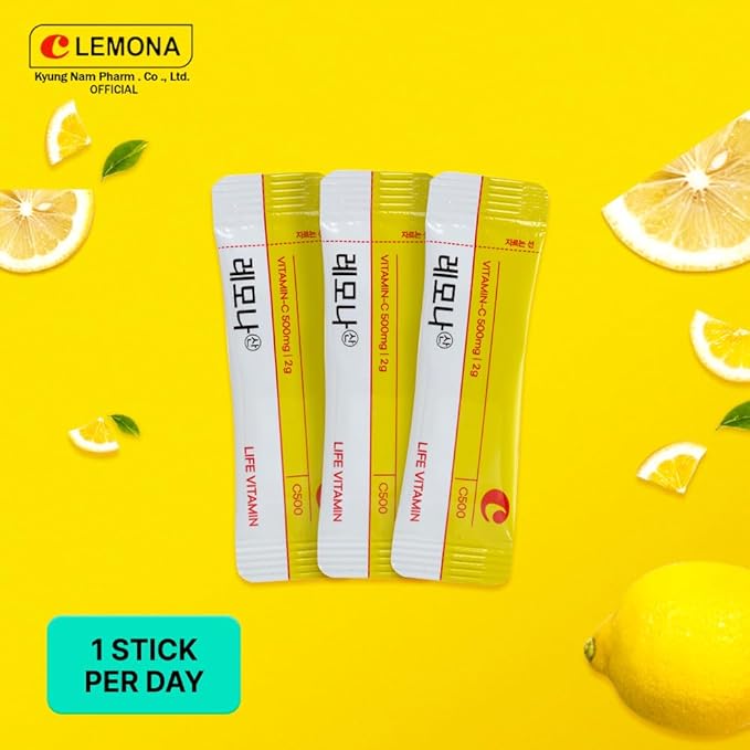 LEMONA Official Vitamin C 500mg, 70 Sticks Immune Support Supplement On-The-Go Vitamin C Individual Packets B6, B2, Easy to Take Daily Energy Boost Korean Food Snack Lemon (70 * 2g)