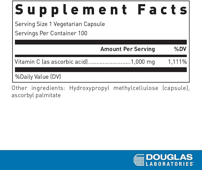 Douglas Laboratories C-1000 | 100% Pure Vitamin C to Support Skin, Blood Vessels, Tendons, Joint Cartilage and Bone | 100 Capsules