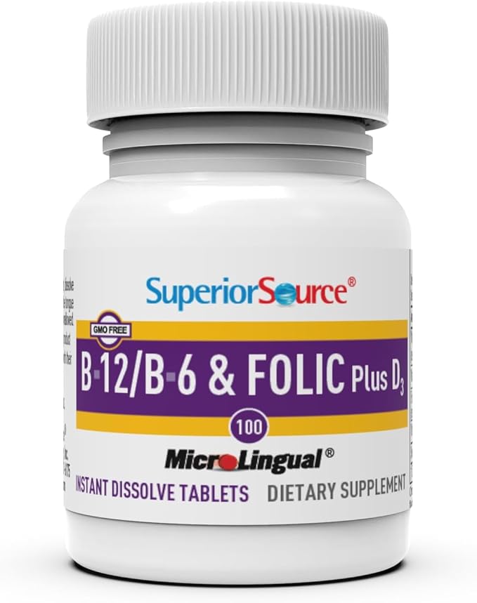 Superior Source No Shot Vitamin B-12 Cyanocobalamin 1000 mcg, B-6, Folic Acid & Vitamin D-3 1000 IU - Supports Energy, Brain, Heart, & Bone Health - 100 Sublingual Dissolving Tablets