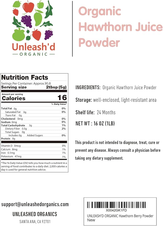 UNLEASH'D ORGANIC Organic Hawthorn Juice Powder 16 oz Provides Cardiovascular Support Enhances Nutrient Absorption
