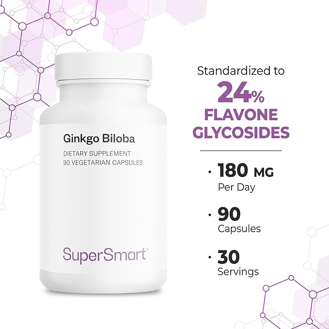 Supersmart - Ginkgo Biloba 180 mg Per Serving - Extract Standardized to 24% Ginkgo Flavonglycosides - May Improve Peak Performance & Healthy Blood Flow | Non-GMO & Gluten Free - 90 Vegetarian Capsules