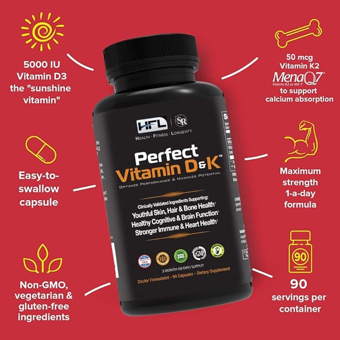 HFL Perfect Vitamin D&K by Dr. Sam Robbins | Vitamin D3 & K2 (MenaQ7® MK-7) | 3 Month Supply | 2X Absorbable | Vegan, Plant-Based, Micro-Encapsulated.