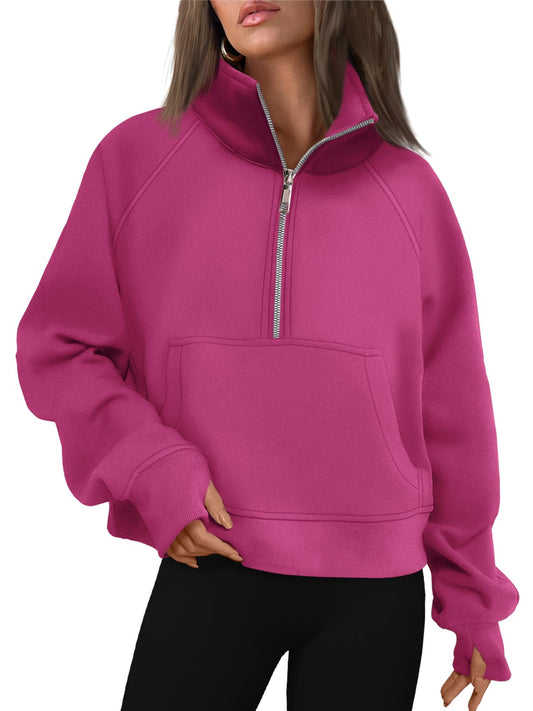AUTOMET Womens Sweatshirts Long Sleeve Tops Hoodies Shirts Half Zip Pullover Cropped Oversized 2024 Fall Fashion Outfits Sweaters Hotpink