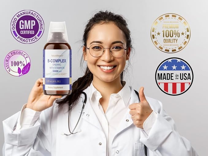 Organic Vitamin B-Complex B5 Pantothenic Acid | B12 Methylcobalamin | B1 Thiamine | B6 Pyridoxine | B7 Biotin | B9 Folic | B3 Niacinamide - B Complex Liquid Supplement, 4 fl oz