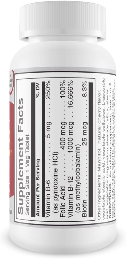 Vitamin B12 Sublingual B Complex Energy Pill B12 Methylcobalamin B6 Biotin & Folic Acid Natural Energy Supports Metabolism Heart Health & Stress Great Tasting Cherry Flavor! 100% Caffeine Free -