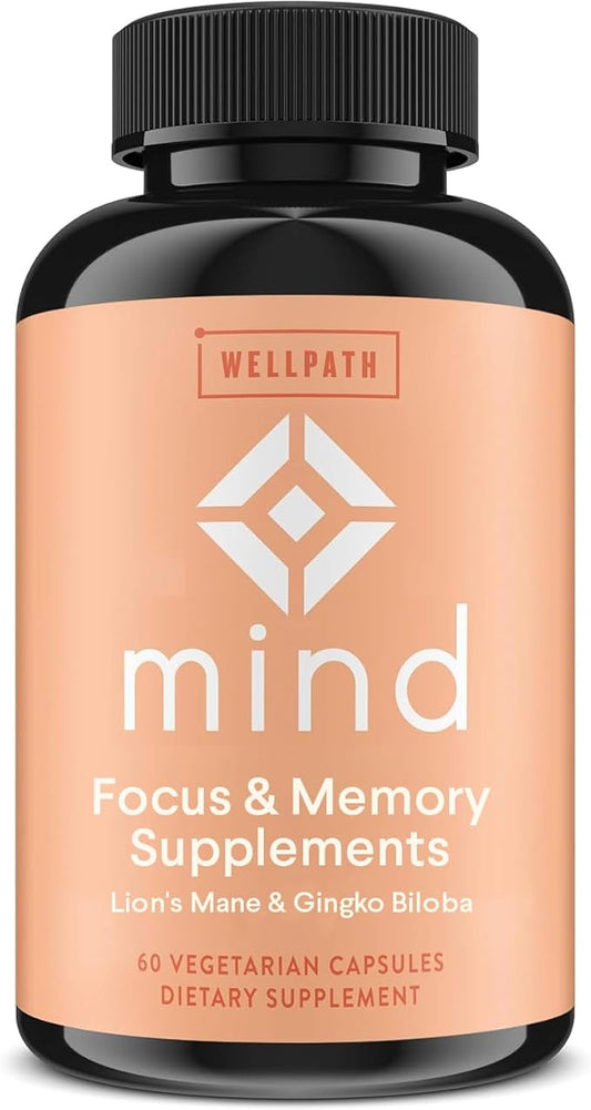 WellPath Mind Brain Supplement for Memory and Focus with Lion's Mane | Ginkgo Biloba and L-Theanine for Long Term Cognitive Support | Vegan, Non-GMO, 60 Ct